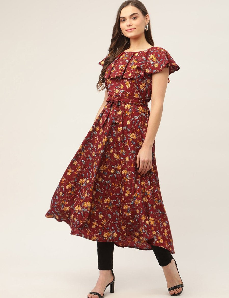 Women Maroon Flared Printed kurta - JOK_1420_Maroon_S