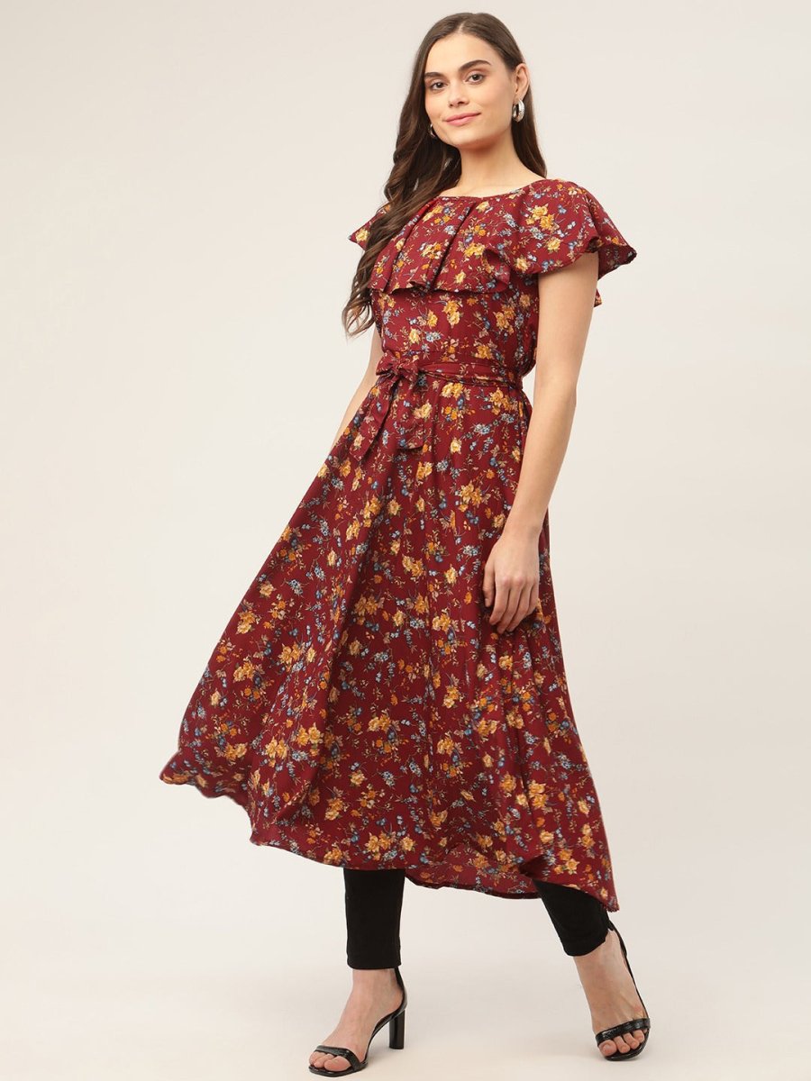 Women Maroon Flared Printed kurta - JOK_1420_Maroon_S