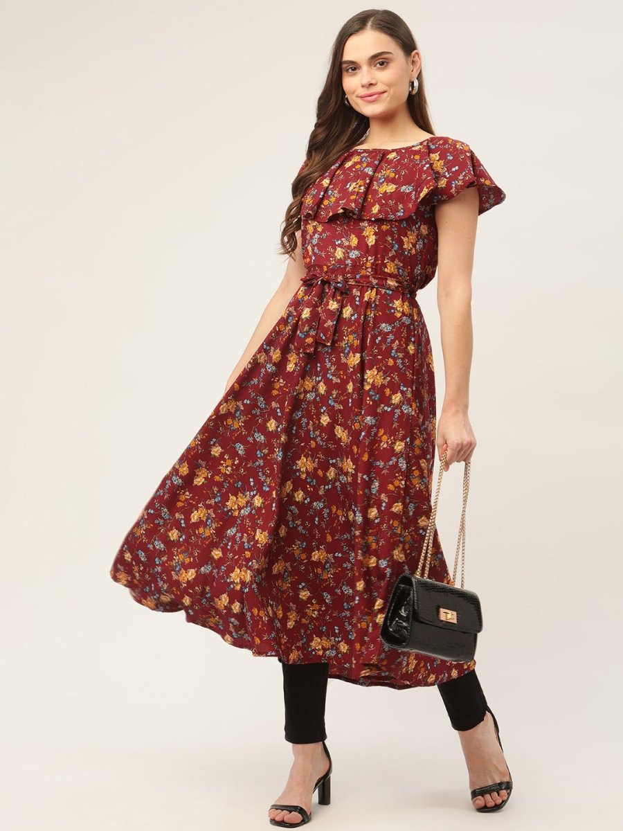 Women Maroon Flared Printed kurta - JOK_1420_Maroon_S