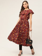 Women Maroon Flared Printed kurta - JOK_1420_Maroon_S