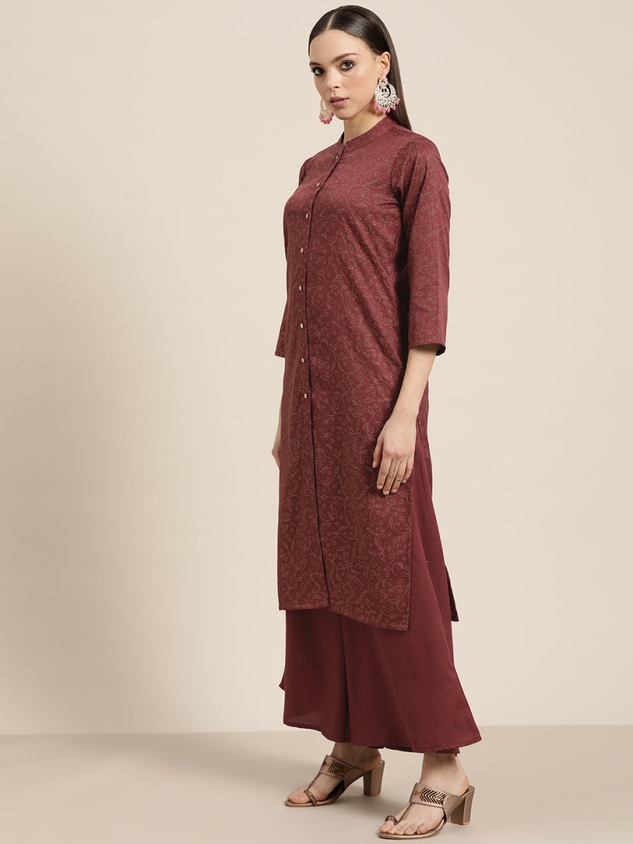 Women Maroon Floral Embroidered Mukaish Kurta with Palazzos & Dupatta - JOKPL_D39P_1481_Maroon_S