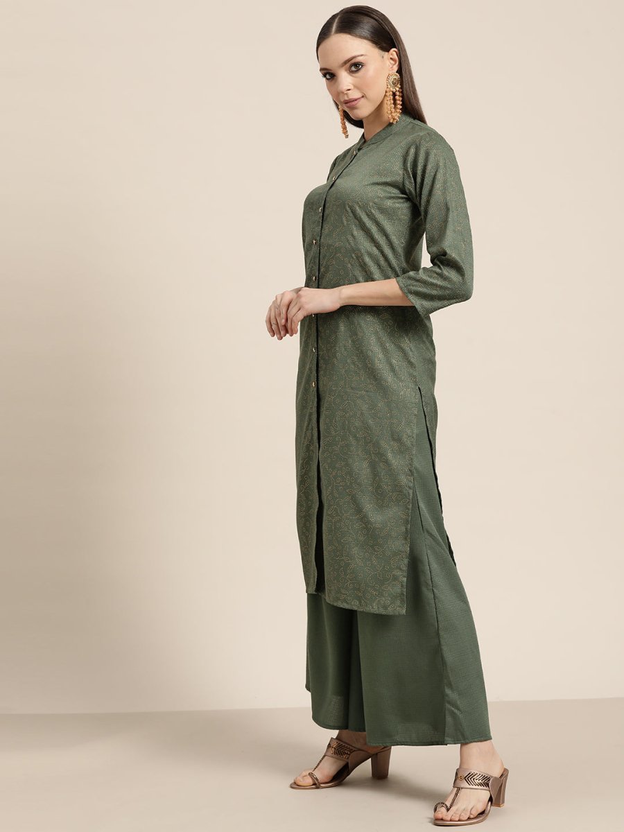 Women Maroon Floral Embroidered Mukaish Kurta with Palazzos & Dupatta - JOKPL_D41G_1481_Green_S