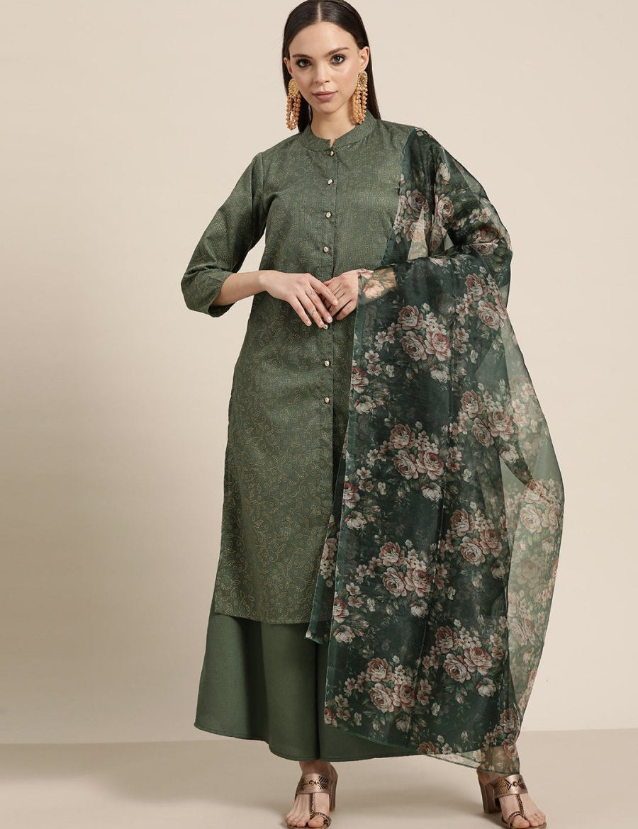 Women Maroon Floral Embroidered Mukaish Kurta with Palazzos & Dupatta - JOKPL_D41G_1481_Green_S