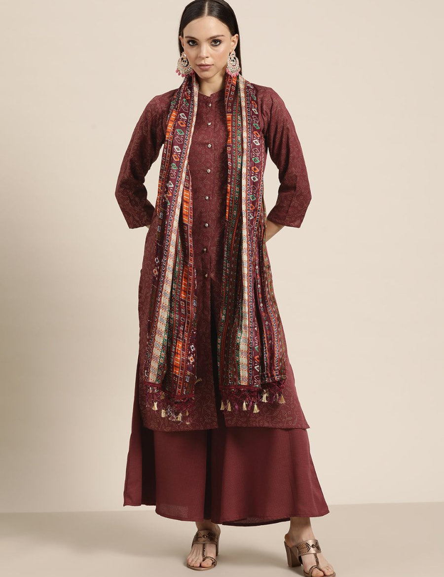 Women Maroon Floral Embroidered Mukaish Kurta with Palazzos & Dupatta - JOKPL_D39P_1481_Maroon_S