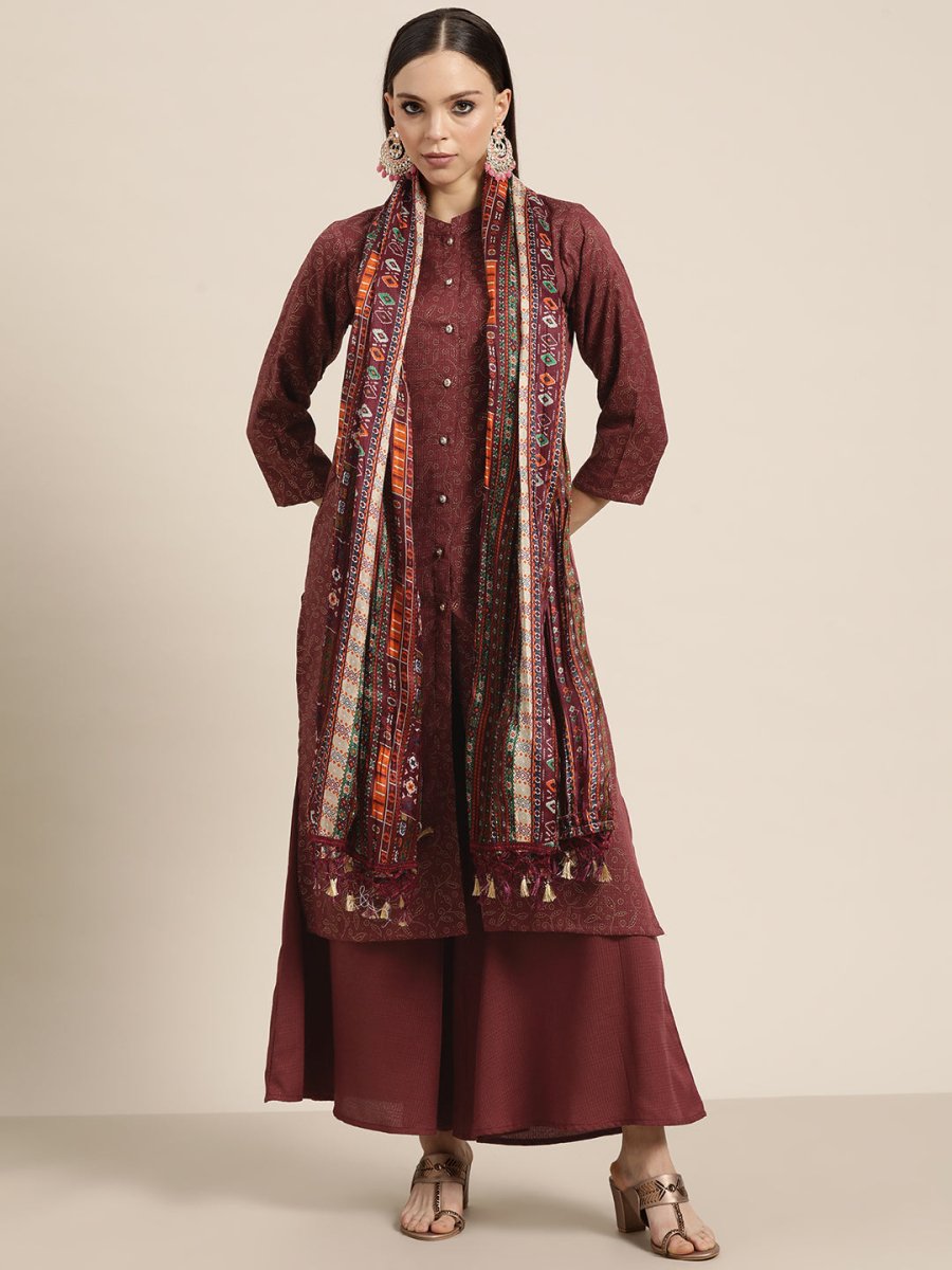 Women Maroon Floral Embroidered Mukaish Kurta with Palazzos & Dupatta - JOKPL_D39P_1481_Maroon_S