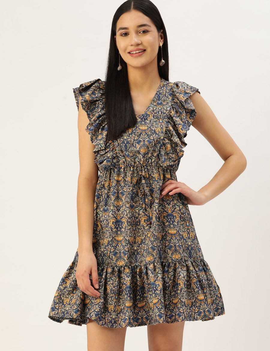 Women Navy Blue & Cream-Coloured Floral Crepe A-Line Dress - JND_1007Blue_XS