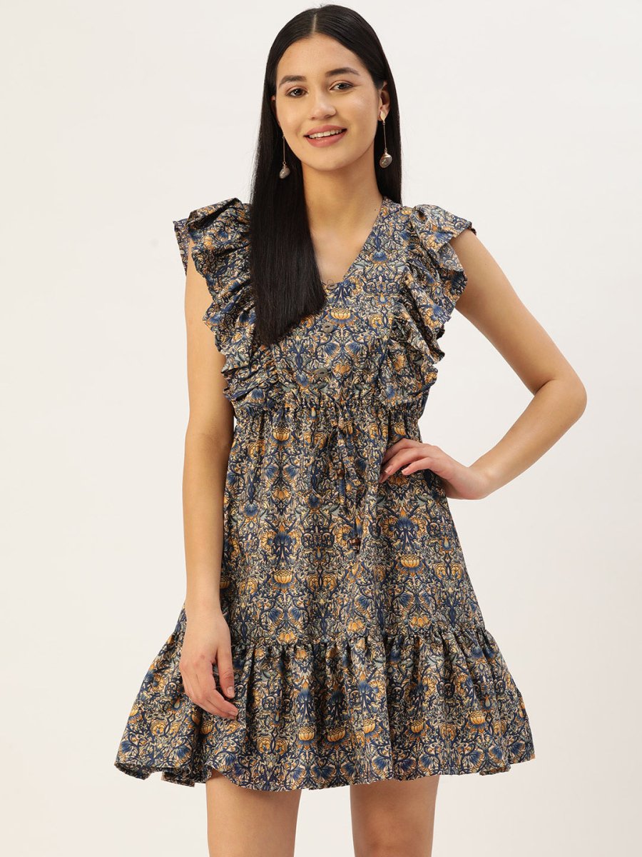 Women Navy Blue & Cream-Coloured Floral Crepe A-Line Dress - JND_1007Blue_XS