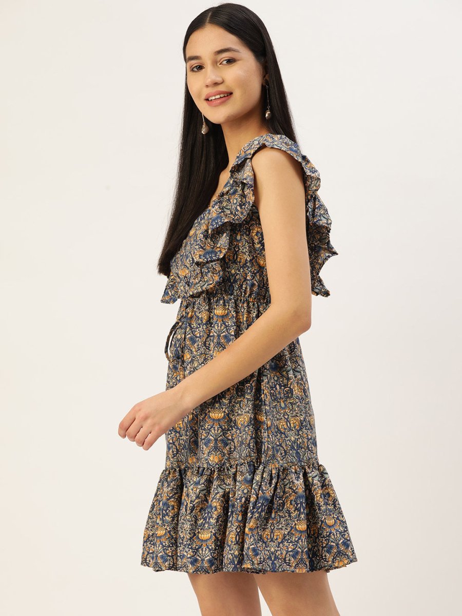 Women Navy Blue & Cream-Coloured Floral Crepe A-Line Dress - JND_1007Blue_XS
