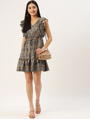 Women Navy Blue & Cream-Coloured Floral Crepe A-Line Dress - JND_1007Blue_XS