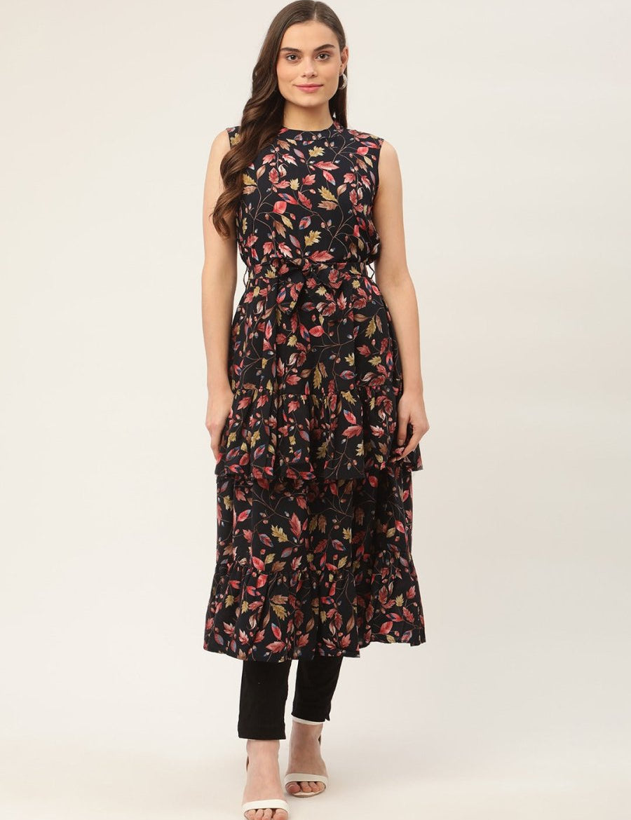 Women Navy Blue Flared Printed kurta - JOK_1417_Navy_S