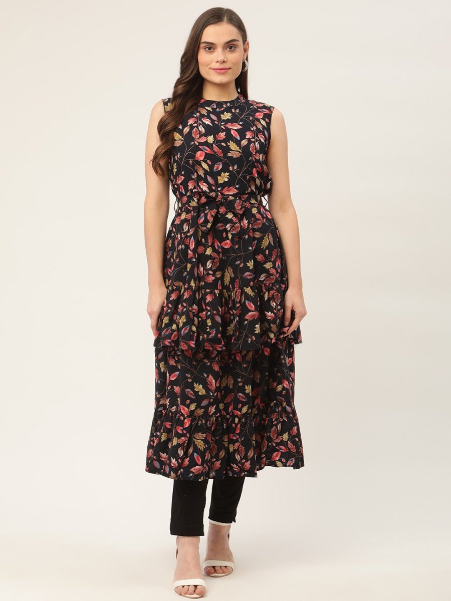 Women Navy Blue Flared Printed kurta - JOK_1417_Navy_S