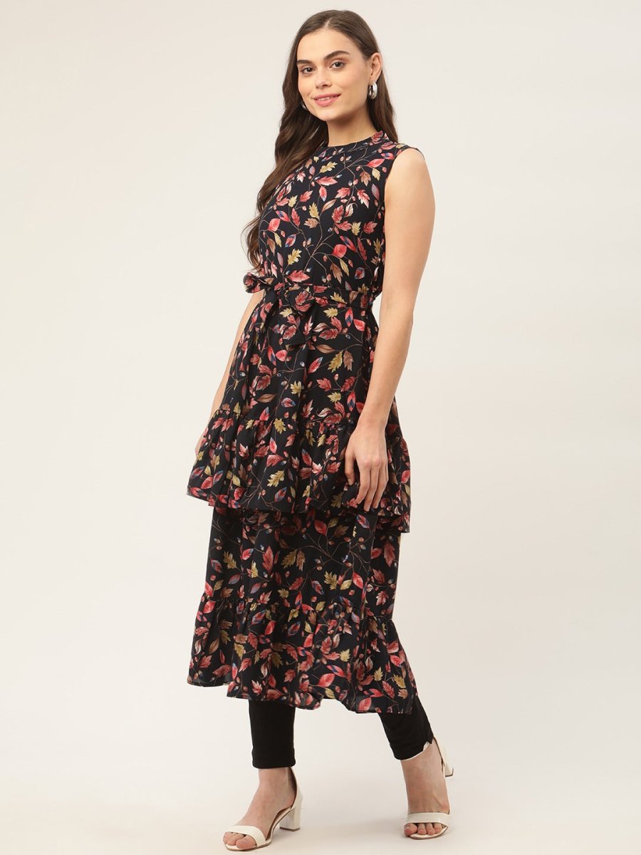 Women Navy Blue Flared Printed kurta - JOK_1417_Navy_S