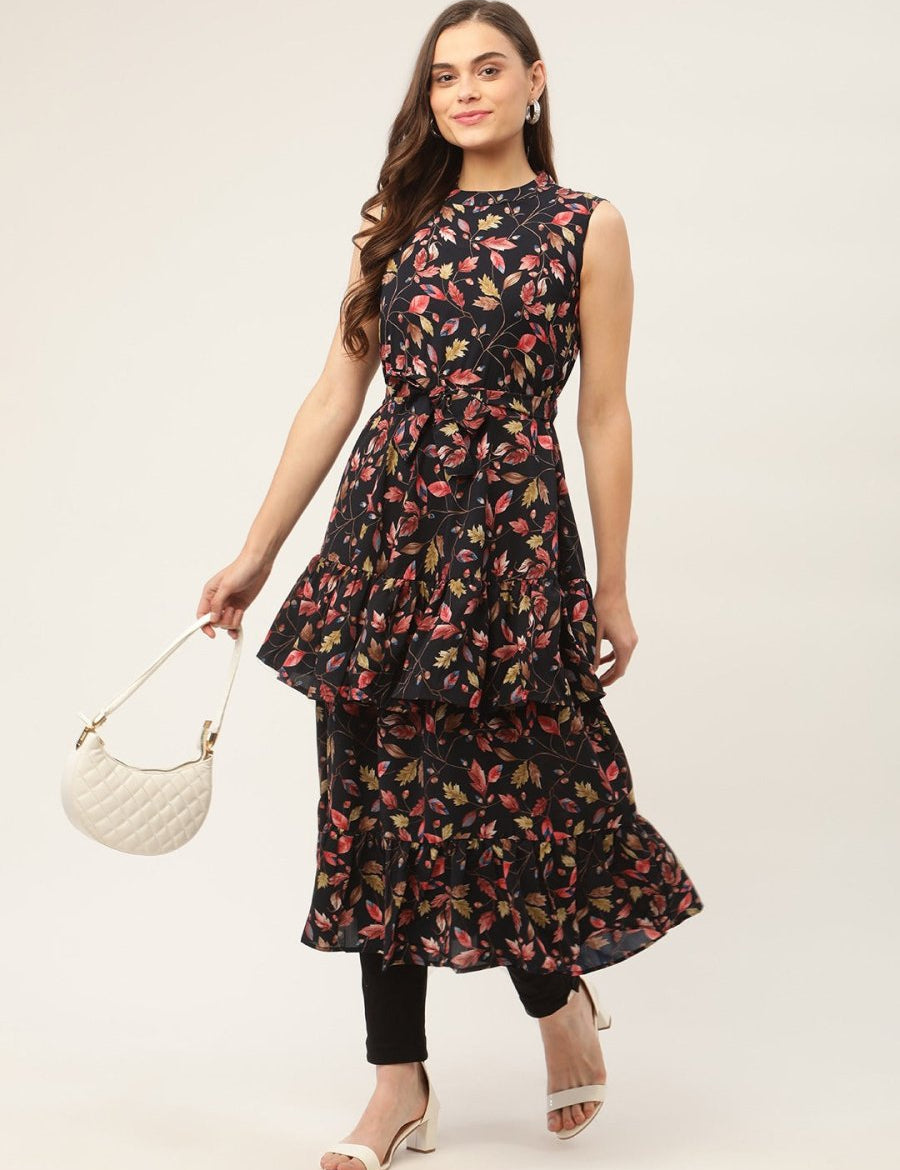 Women Navy Blue Flared Printed kurta - JOK_1417_Navy_S