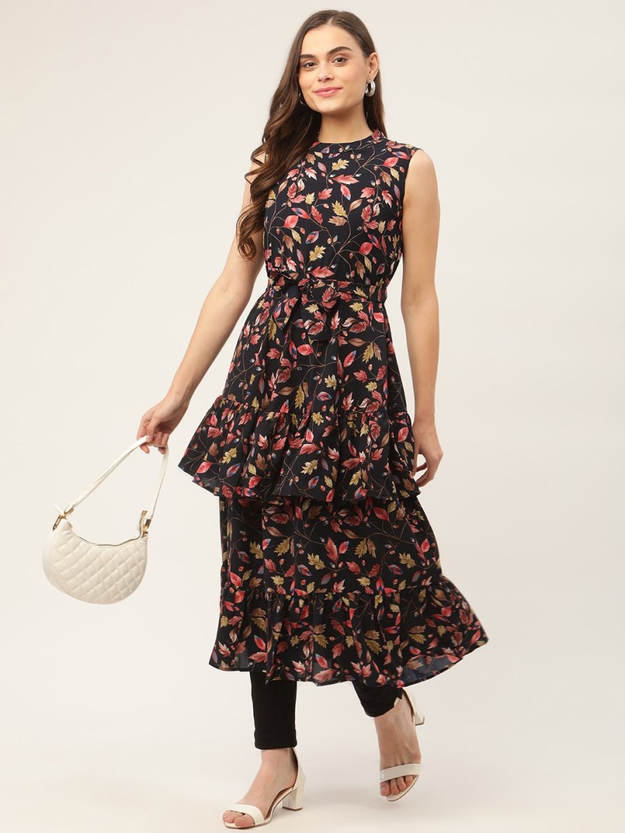 Women Navy Blue Flared Printed kurta - JOK_1417_Navy_S
