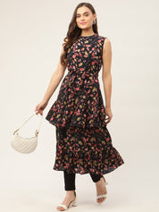 Women Navy Blue Flared Printed kurta - JOK_1417_Navy_S