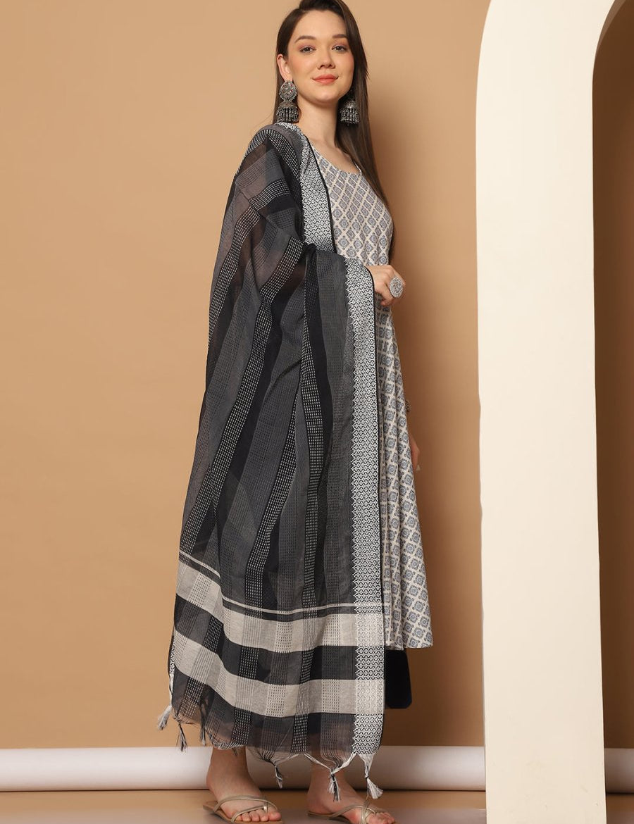 Women Navy Blue Printed Kurta with Palazzos & With Kantha Work Dupatta - JOKPL_D61N_1557_Navy_S