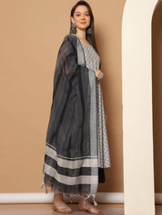 Women Navy Blue Printed Kurta with Palazzos & With Kantha Work Dupatta - JOKPL_D61N_1557_Navy_S