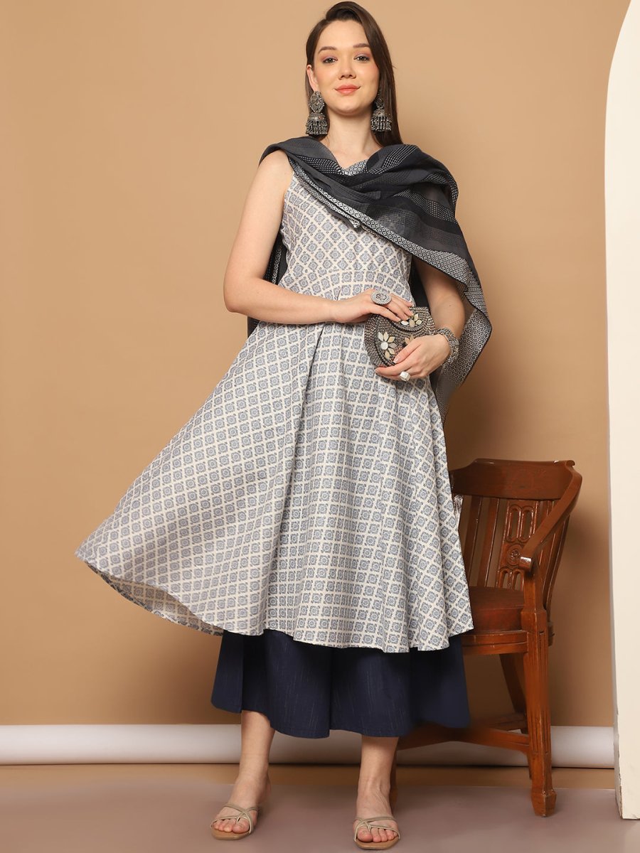 Women Navy Blue Printed Kurta with Palazzos & With Kantha Work Dupatta - JOKPL_D61N_1557_Navy_S