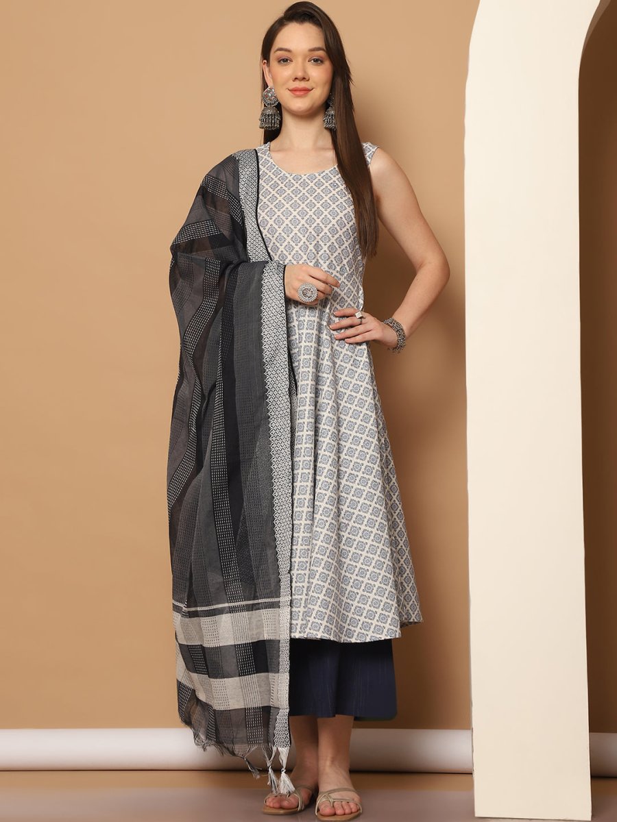 Women Navy Blue Printed Kurta with Palazzos & With Kantha Work Dupatta - JOKPL_D61N_1557_Navy_S