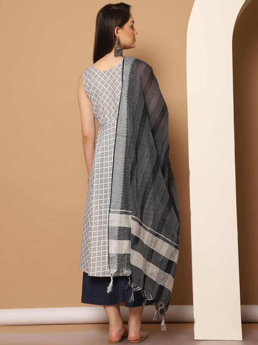 Women Navy Blue Printed Kurta with Palazzos & With Kantha Work Dupatta - JOKPL_D61N_1557_Navy_S
