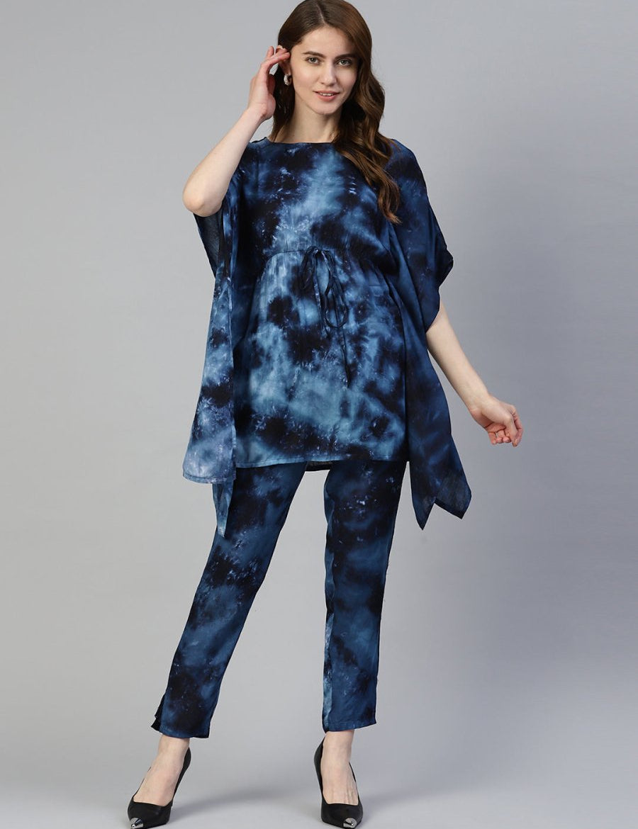 Women Navy Blue Tie Dye Printed Rayon Kaftan Tunic With Trousers - JNCS_3002Navy_XS
