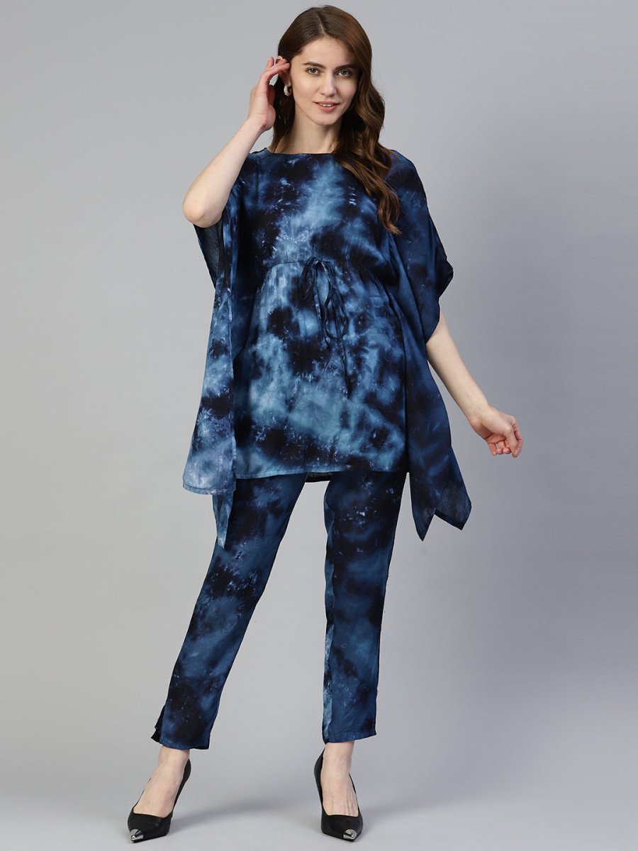 Women Navy Blue Tie Dye Printed Rayon Kaftan Tunic With Trousers - JNCS_3002Navy_XS