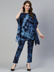 Women Navy Blue Tie Dye Printed Rayon Kaftan Tunic With Trousers - JNCS_3002Navy_XS