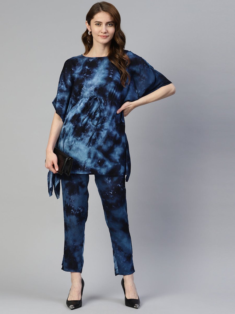 Women Navy Blue Tie Dye Printed Rayon Kaftan Tunic With Trousers - JNCS_3002Navy_XS