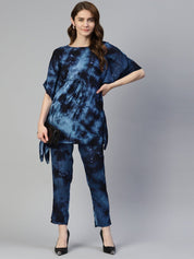 Women Navy Blue Tie Dye Printed Rayon Kaftan Tunic With Trousers - JNCS_3002Navy_XS