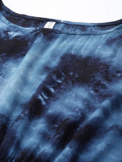 Women Navy Blue Tie Dye Printed Rayon Kaftan Tunic With Trousers - JNCS_3002Navy_XS
