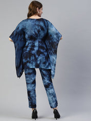 Women Navy Blue Tie Dye Printed Rayon Kaftan Tunic With Trousers - JNCS_3002Navy_XS