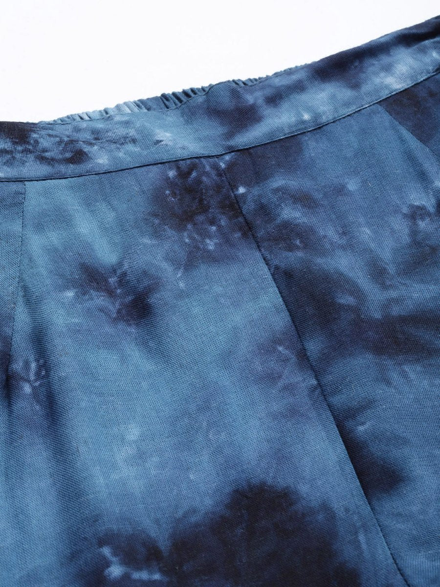 Women Navy Blue Tie Dye Printed Rayon Kaftan Tunic With Trousers - JNCS_3002Navy_XS