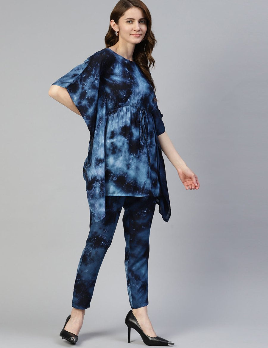 Women Navy Blue Tie Dye Printed Rayon Kaftan Tunic With Trousers - JNCS_3002Navy_XS