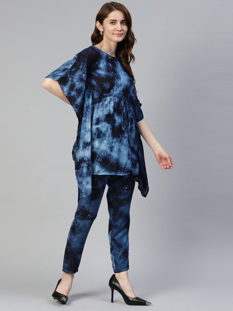 Women Navy Blue Tie Dye Printed Rayon Kaftan Tunic With Trousers - JNCS_3002Navy_XS