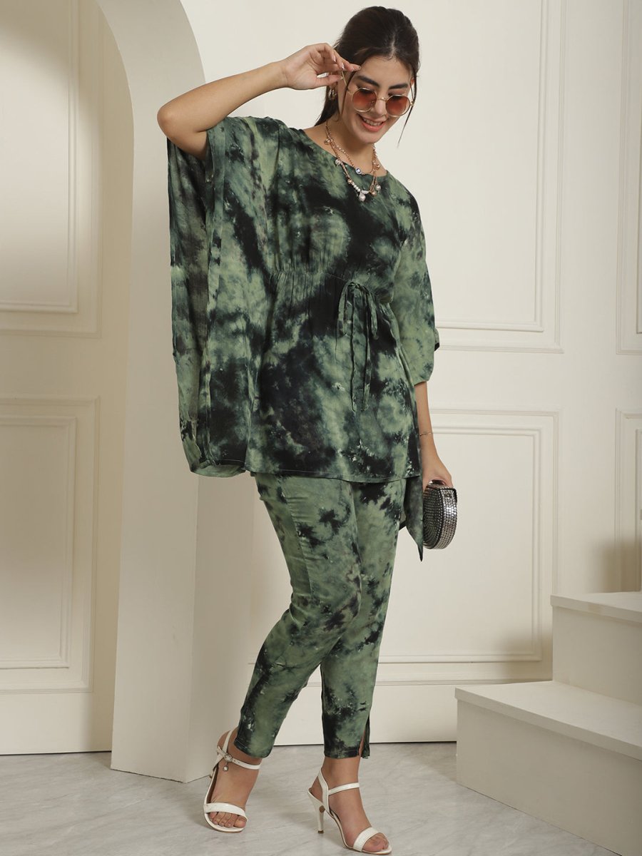 Women Olive Green Tie Dye Printed Rayon Kaftan Tunic With Trousers - JNCS_3002Olive_XS