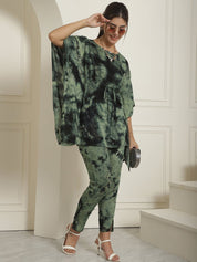 Women Olive Green Tie Dye Printed Rayon Kaftan Tunic With Trousers - JNCS_3002Olive_XS