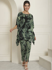 Women Olive Green Tie Dye Printed Rayon Kaftan Tunic With Trousers - JNCS_3002Olive_XS