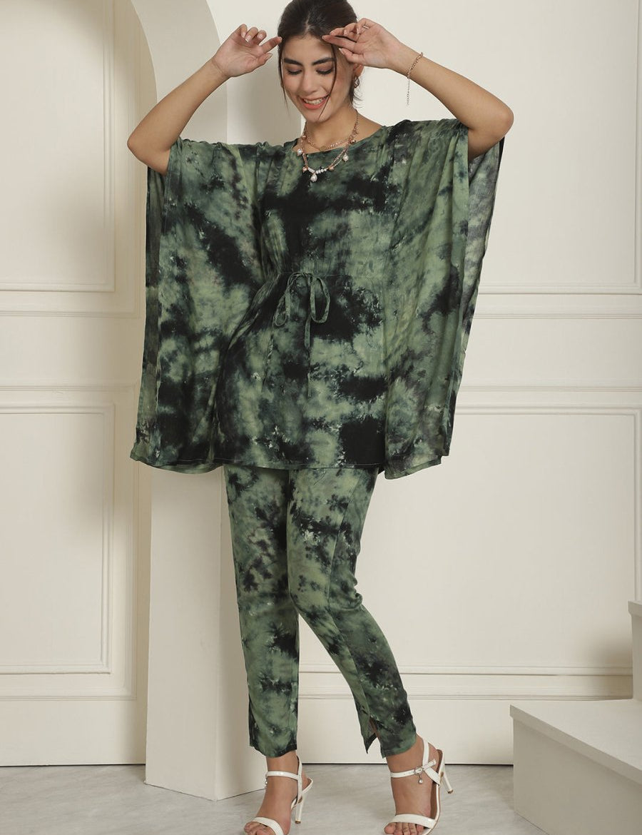 Women Olive Green Tie Dye Printed Rayon Kaftan Tunic With Trousers - JNCS_3002Olive_XS