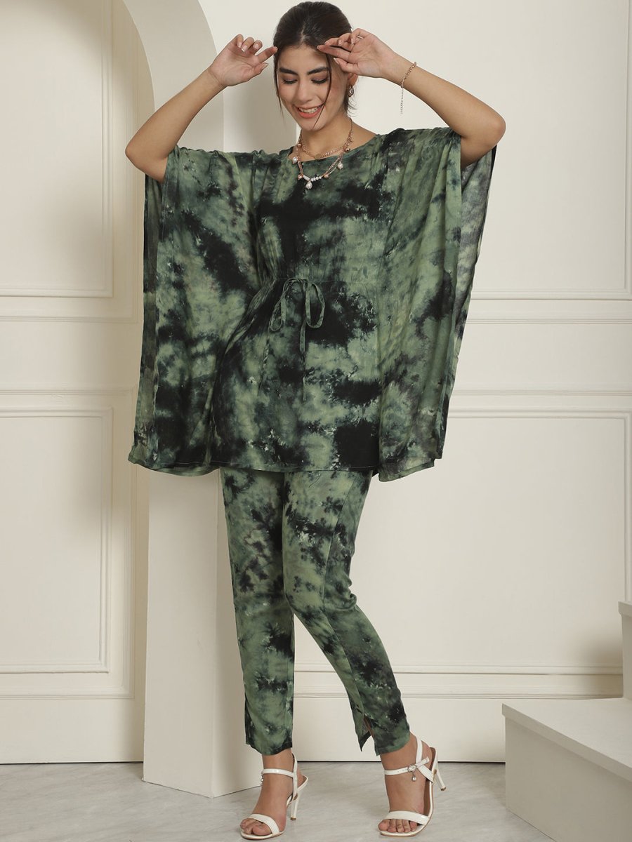 Women Olive Green Tie Dye Printed Rayon Kaftan Tunic With Trousers - JNCS_3002Olive_XS