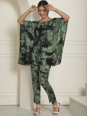 Women Olive Green Tie Dye Printed Rayon Kaftan Tunic With Trousers - JNCS_3002Olive_XS