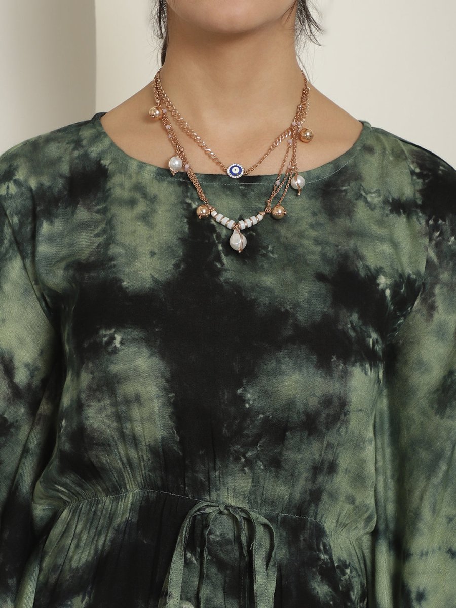 Women Olive Green Tie Dye Printed Rayon Kaftan Tunic With Trousers - JNCS_3002Olive_XS