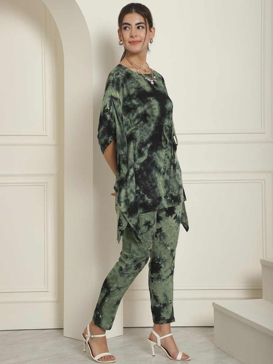 Women Olive Green Tie Dye Printed Rayon Kaftan Tunic With Trousers - JNCS_3002Olive_XS