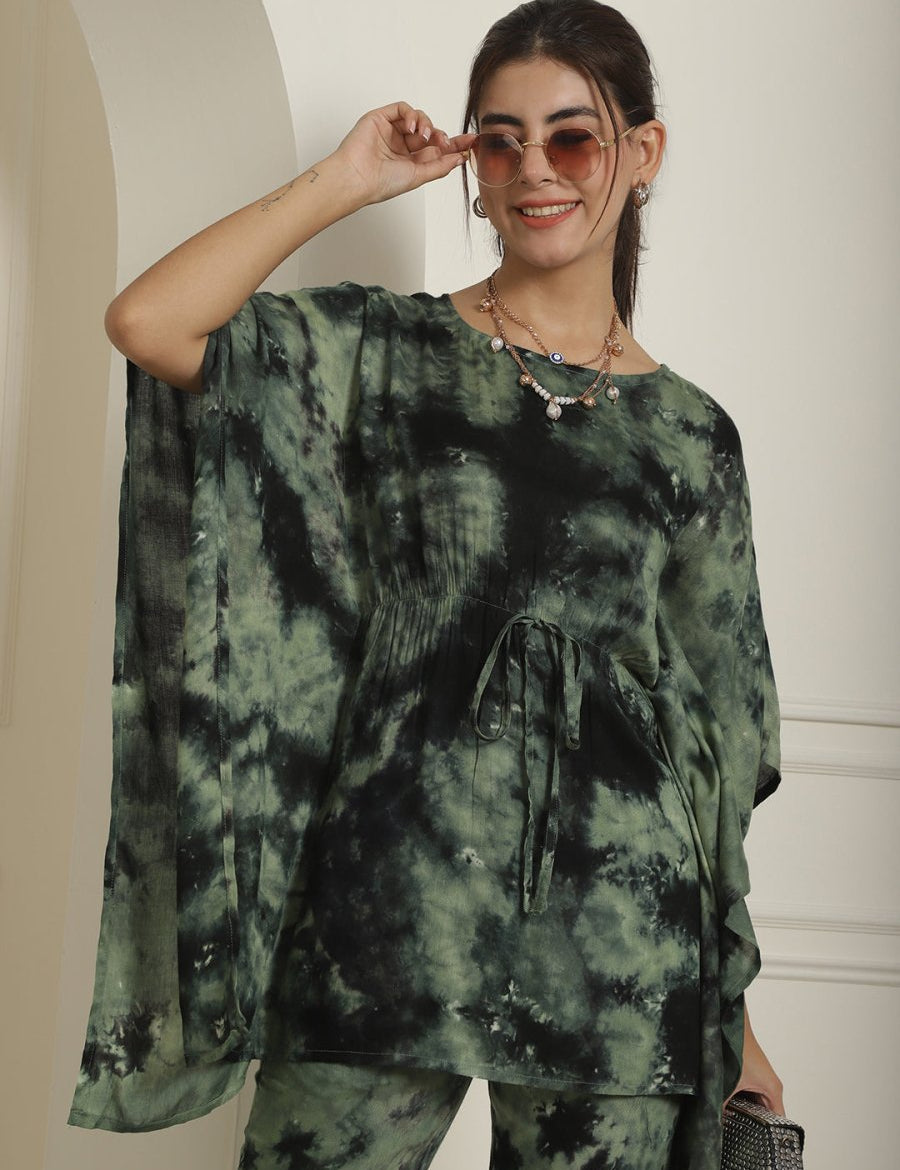 Women Olive Green Tie Dye Printed Rayon Kaftan Tunic With Trousers - JNCS_3002Olive_XS
