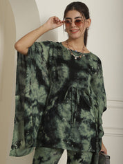 Women Olive Green Tie Dye Printed Rayon Kaftan Tunic With Trousers - JNCS_3002Olive_XS
