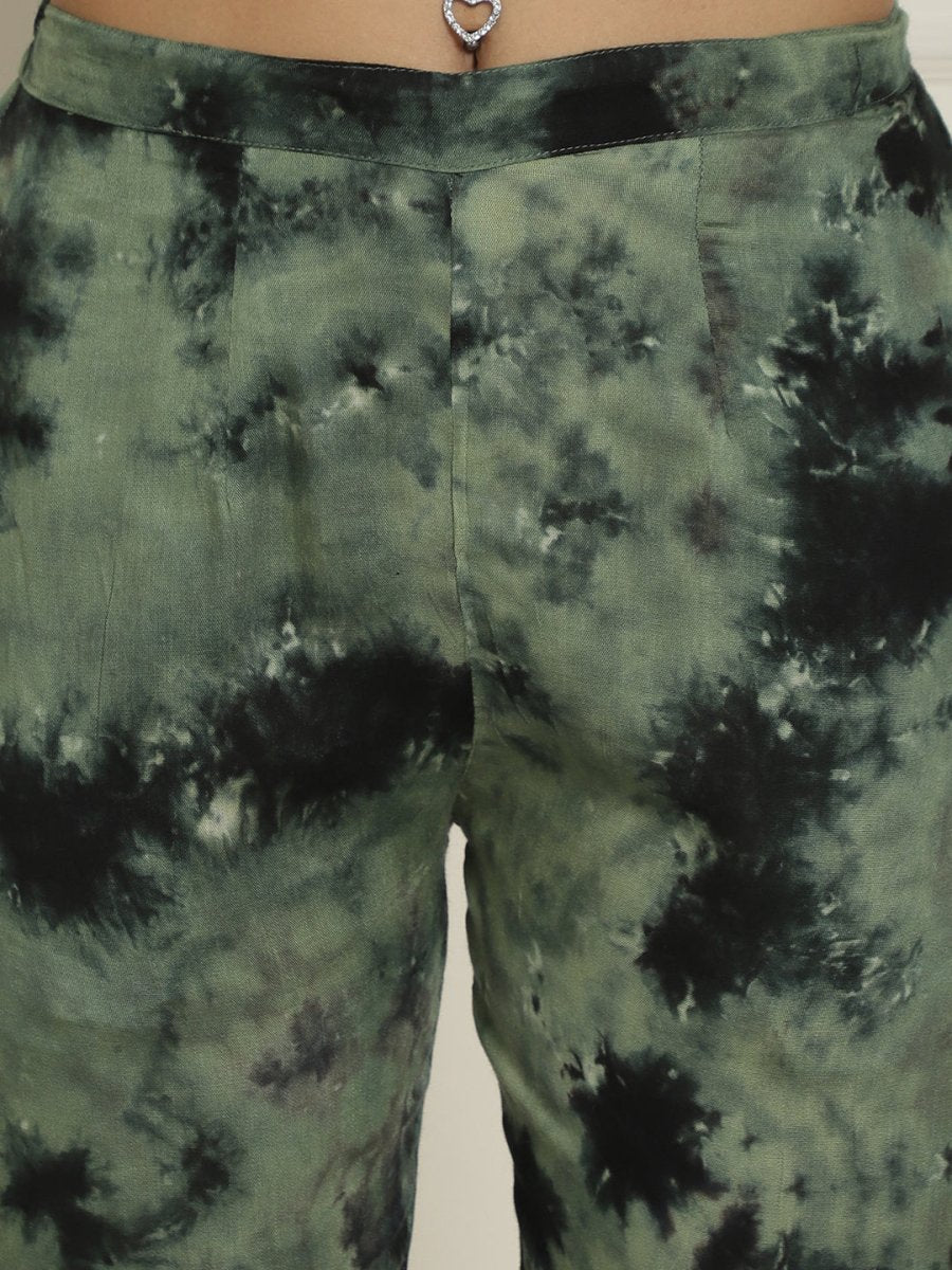 Women Olive Green Tie Dye Printed Rayon Kaftan Tunic With Trousers - JNCS_3002Olive_XS