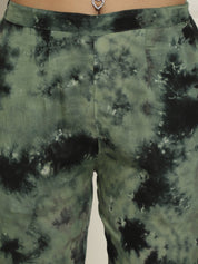 Women Olive Green Tie Dye Printed Rayon Kaftan Tunic With Trousers - JNCS_3002Olive_XS