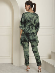 Women Olive Green Tie Dye Printed Rayon Kaftan Tunic With Trousers - JNCS_3002Olive_XS