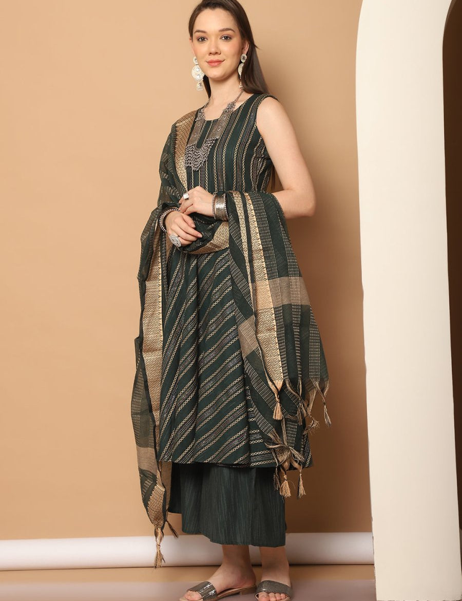 Women Olive Green Woven Design Kantha Work Kurta with Palazzos & With Dupatta - JOKPL_D56O_1554_Olive_S