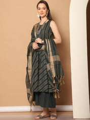 Women Olive Green Woven Design Kantha Work Kurta with Palazzos & With Dupatta - JOKPL_D56O_1554_Olive_S