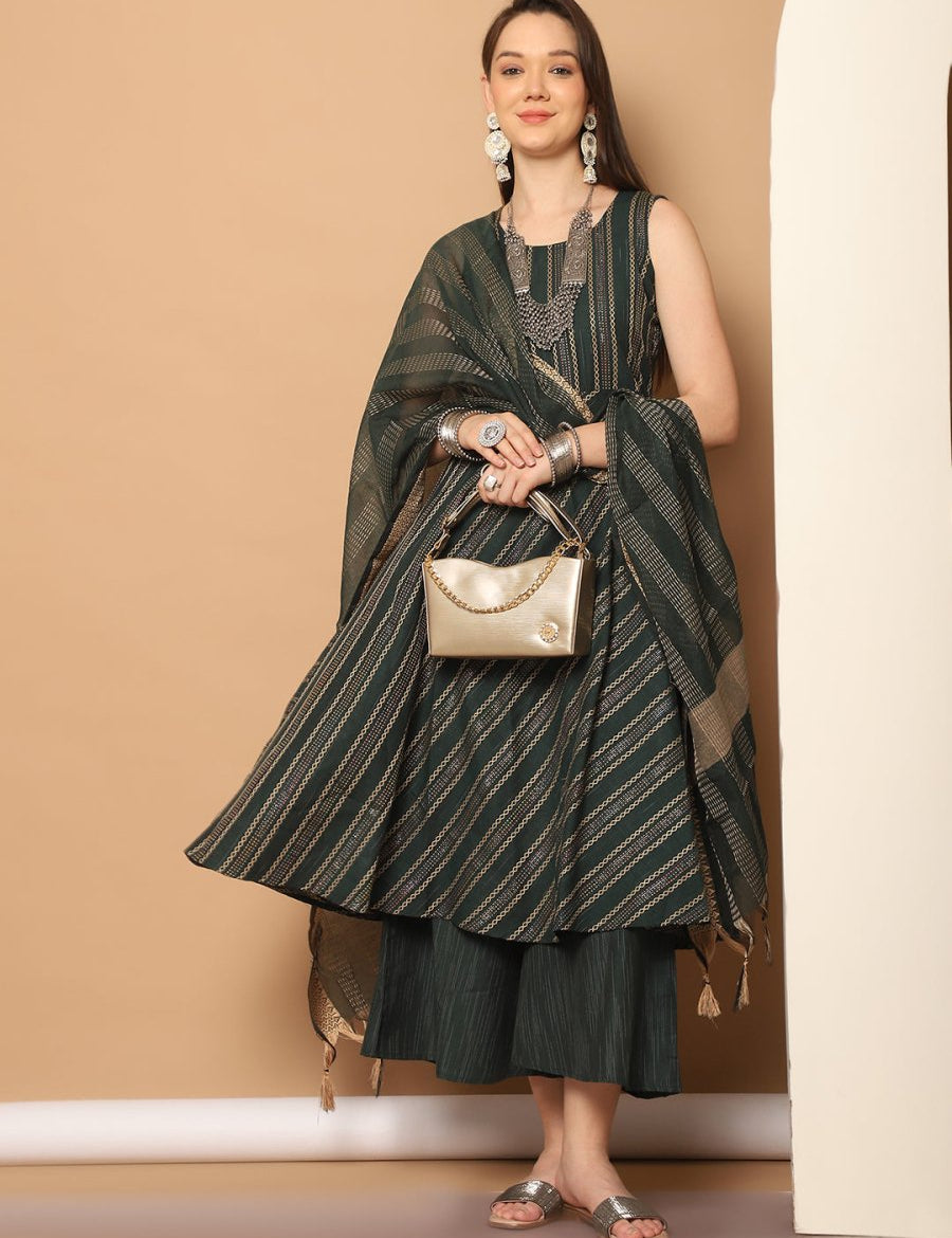 Women Olive Green Woven Design Kantha Work Kurta with Palazzos & With Dupatta - JOKPL_D56O_1554_Olive_S